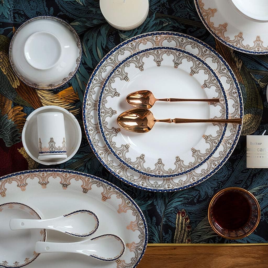 セラミック食器セット 46点セット、ボウル/皿/スープポット/スプーン|ディナーセット、ヨーロピアンゴールドパターン磁器コンビネーシ