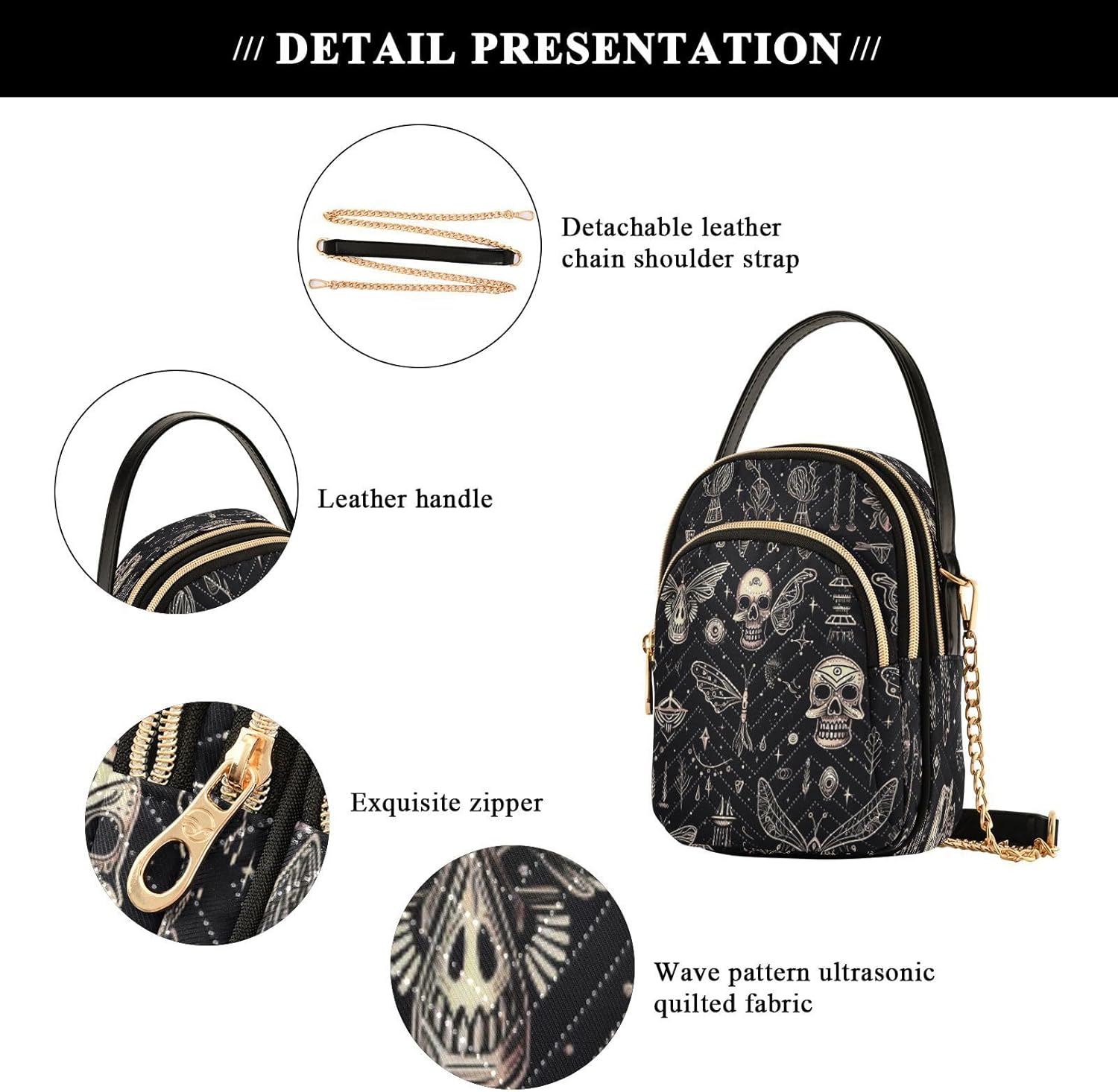 ALAZA Quilted Crossbody Bags for Women,Skull Bat Women's Crossbody Handbags Small Travel Purses Phone Bag - Image 6
