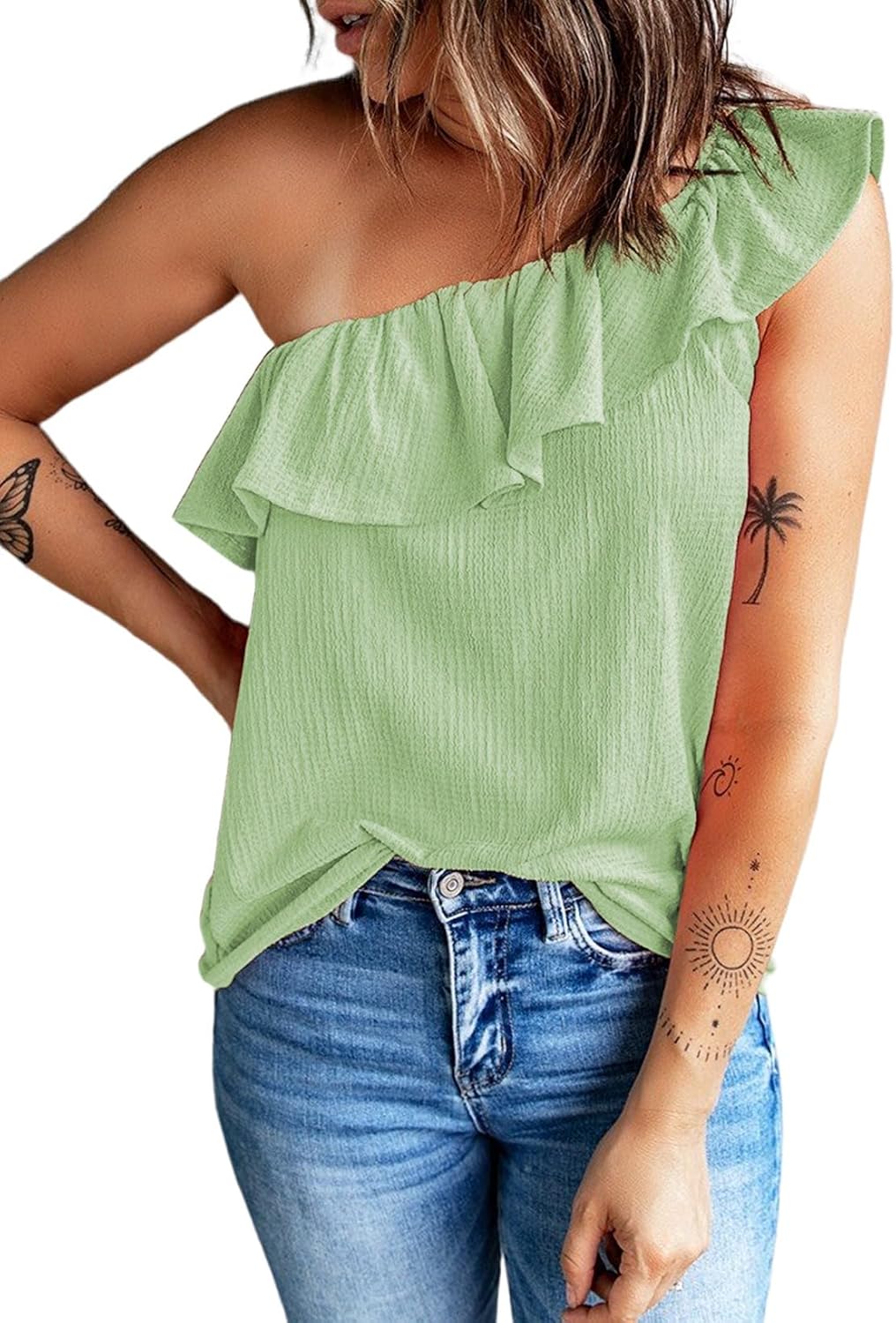 Dokotoo Womens One Shoulder Tops Ruffled Solid Tunic Shirts Sleeveless Loose Tank Top