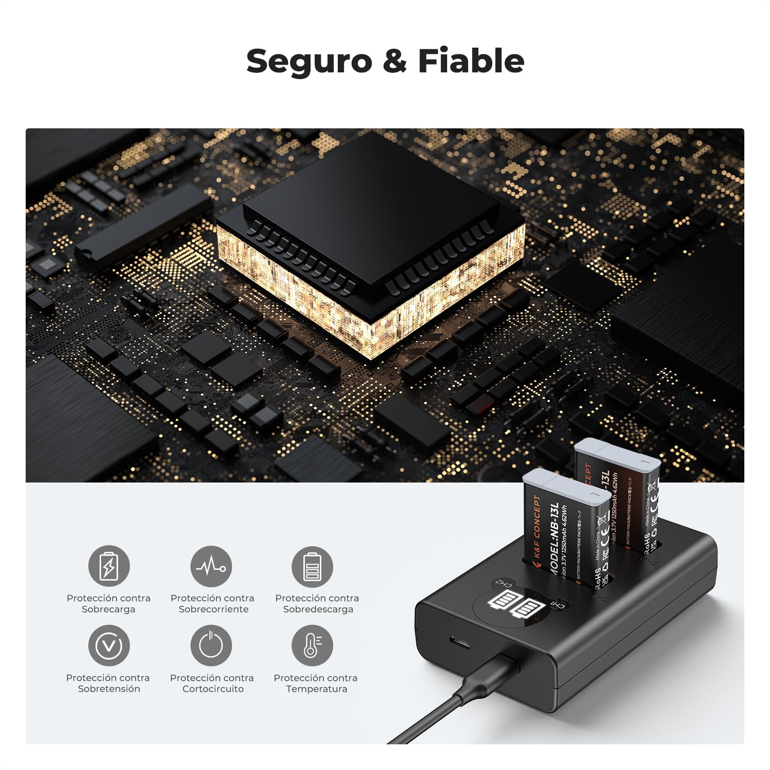 K&F CONCEPT NB-13L Batería de Repuesto 2-Pack con Cargador LCD Dual Slot, Compatible con Cámaras Canon EOS G7X3/G7X2/G9X/G5X/SX720HS