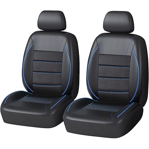 CAR PASS Universal FIT Piping Leather Two Front Seat Covers, Waterproof Faux Leather for SUV Sedan Van Truck, Airbag Compatible,Reserved Opening Holes for Headrest Covers. (Black and Blue)