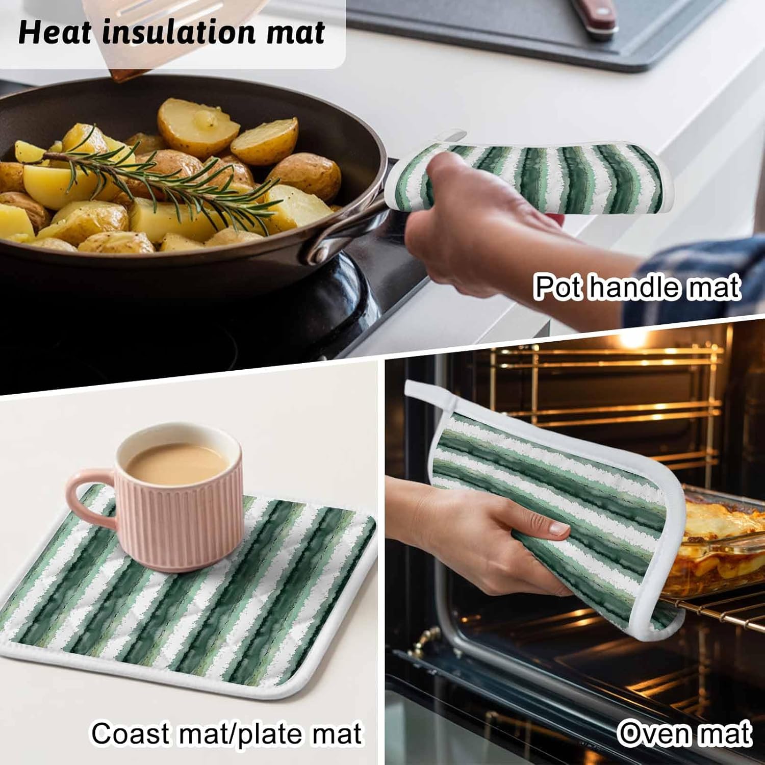 Green Striped Pot Holders for Kitchen Heat Insulation, Watercolor Farmhouse Stripes Abstract Potholders Hot Pads with Hanging Loop, Washable Oven Mitts Pot Holder Trivet for Cooking Baking 5 Pack