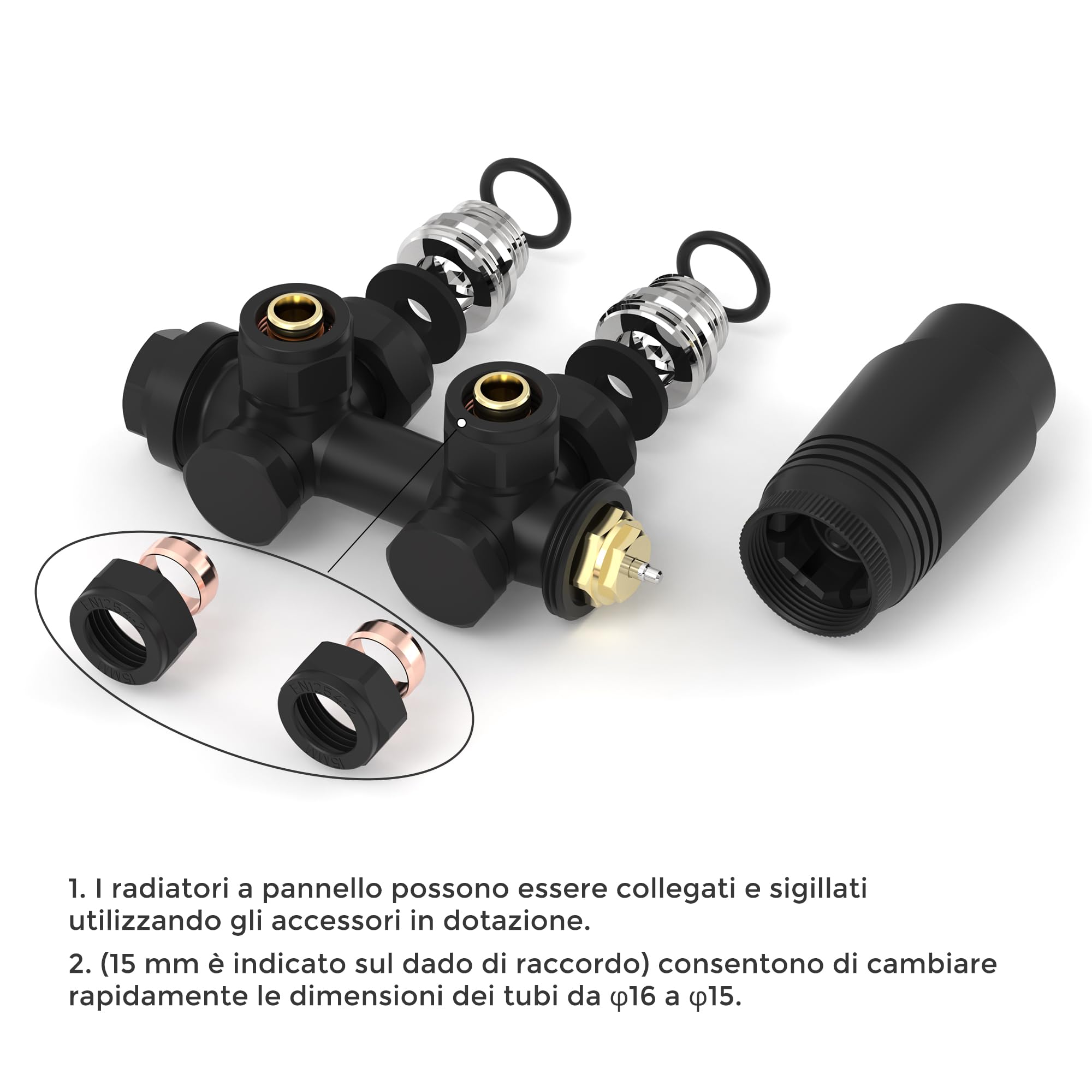 VANCOCO Nero Opaco Valvola Radiatore Angolare H, Attacco Centrale 50mm Universale con Testa Termostatica