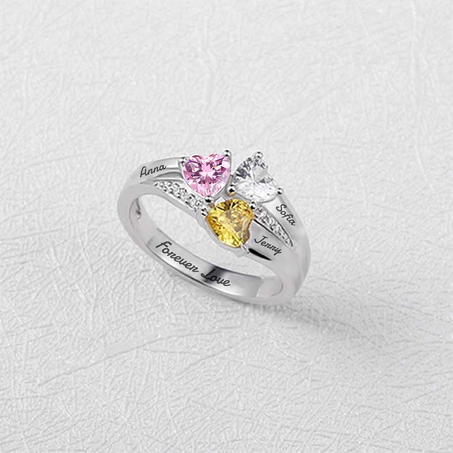 Custom Ring,Birthstone Ring Personalized Ring for Women 925 Sterling Silver Name Ring Personalized with Heart Birthstone CZ Stones Band Elegant Customized Gifts for Mom Grandmom Her, birthstone