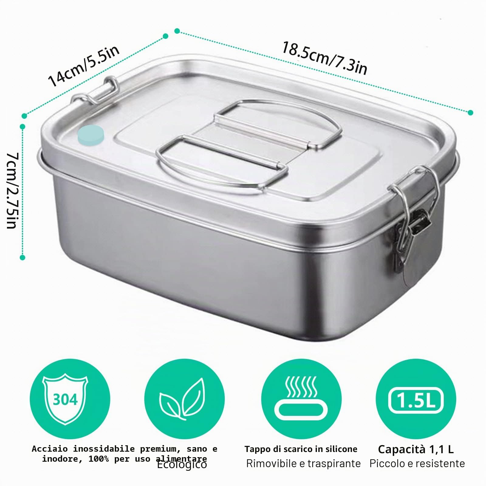 Porta Pranzo in Acciaio Inossidabile, 1100ML Lunch Box con Partizione Rimovibile, Lavabile in Lavastoviglie, Adulti e Bambini Bento Box a A Prova di Perdita per Scuola, Picnic, Viaggi