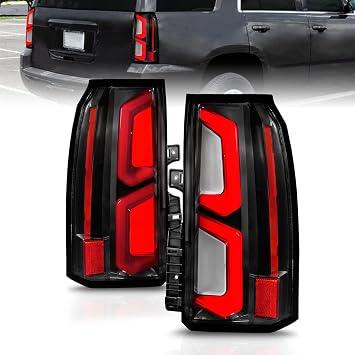 AmeriLite for 2015-2020 Chevy Tahoe Suburban [Full LED] Neon C-Type Dual Light Bar Black Replacement Taillights Assembly Pair - Passenger and Driver Side