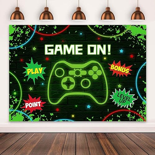 Miniatura 2 de Mocsicka Fondo de fiesta de cumpleaños de videojuegos sobre fondo de cumpleaños de niños, luz verde, decoración de fiesta de juegos, pancarta,