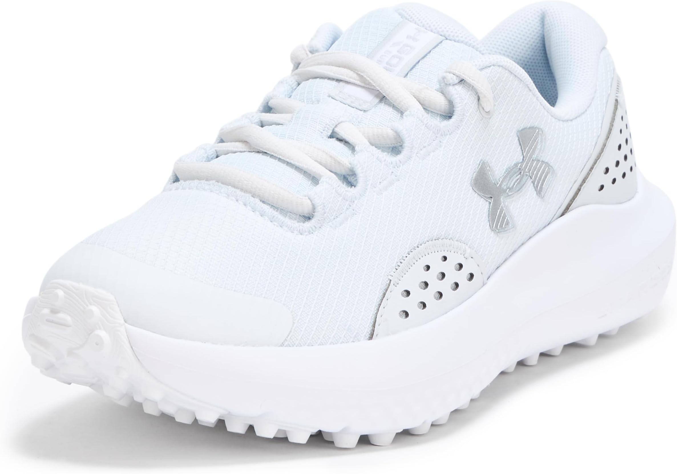 Women's Surge Golf Cleat Sneaker, (100) Distant Gray/White/Metallic Silver, 3.5 UK