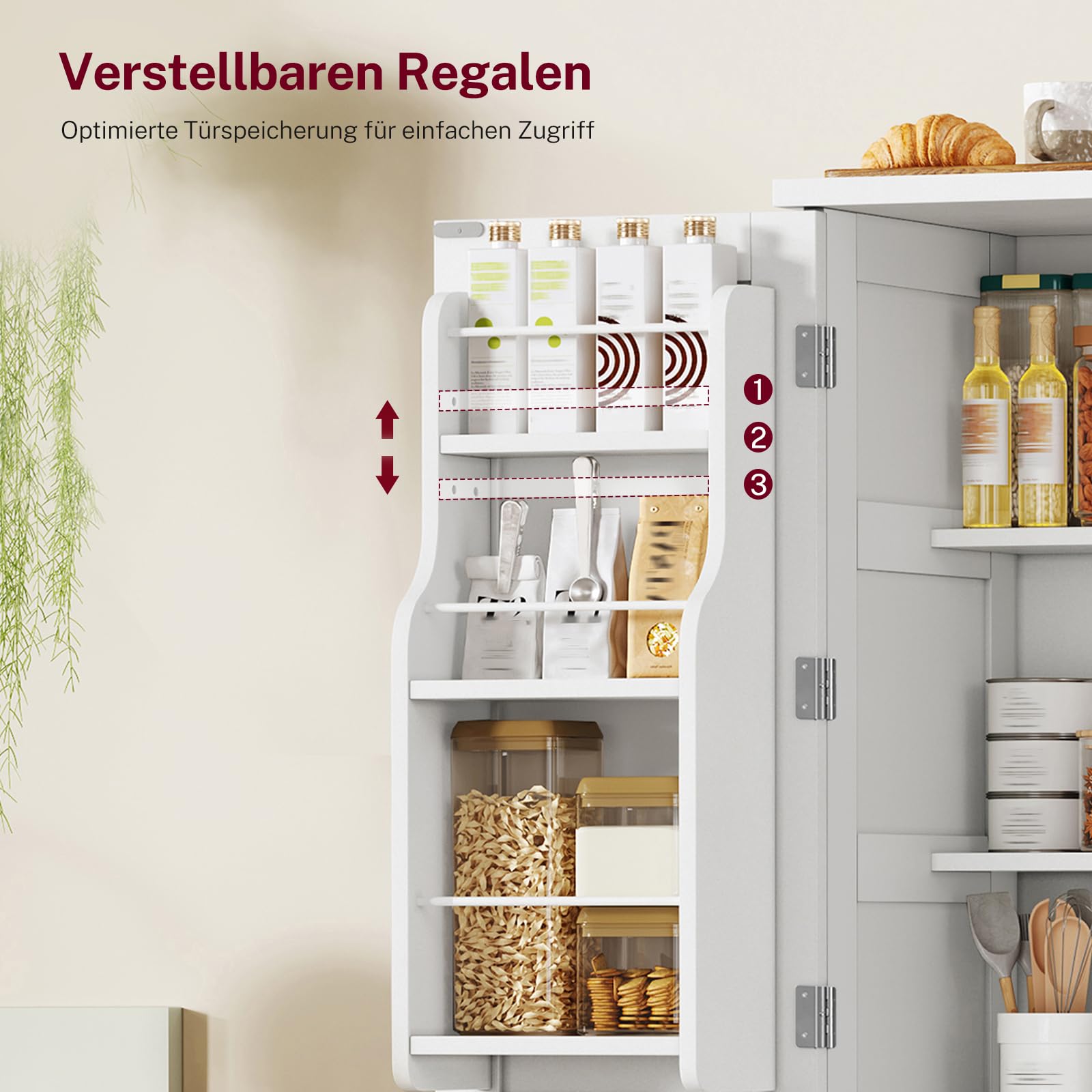 TEENFON Küchenschrank, 4-türiger Mehrzweckschrank & Buffetschrank mit 6 Einlegeböden und 2 Türfächern, platzsparender Vorratsschrank für Küche, Wohnzimmer, Esszimmer, Bad, 130 x 60 x 30 cm, weiß