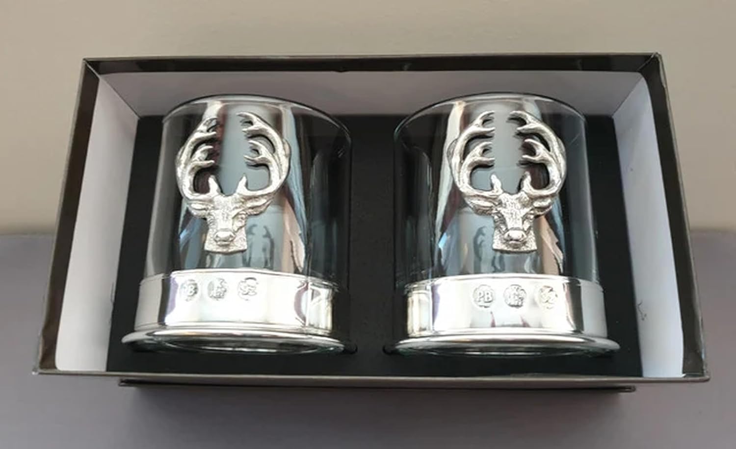 Set of 2 Whisky Glasses Pewter Handcrafted 11 Oz, Celtic Barware for Scotch, Bourbon, Liquor and Cocktail Drinks Men's Gift (Stag)