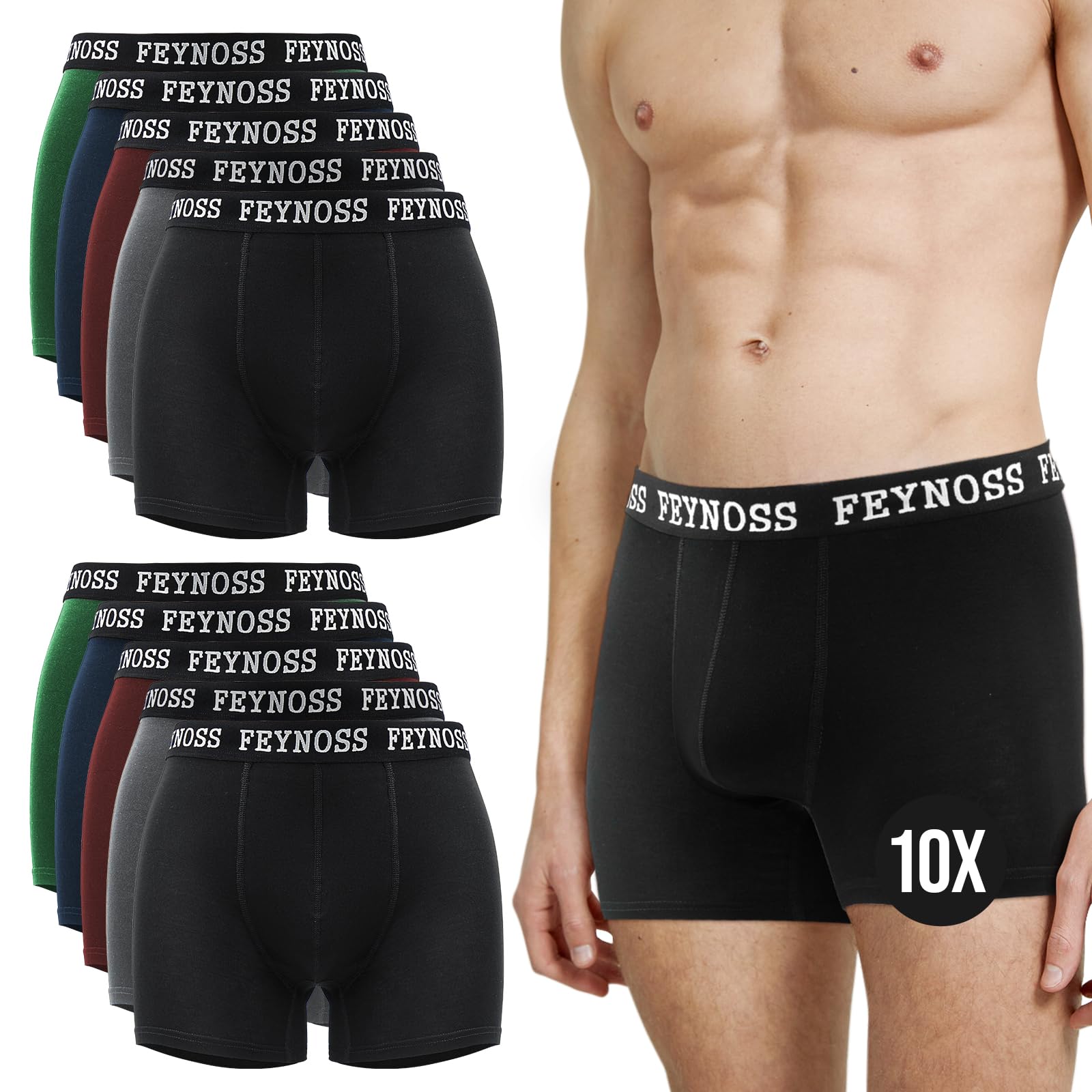 feynoss Boxershorts Herren 10 Pack,Unterhosen Männer,Herren Unterhosen,Boxershorts Herren Baumwolle mit Elastischem Bund,No Scratching Labels,Atmungsaktive,Weiche für Sommer Sport