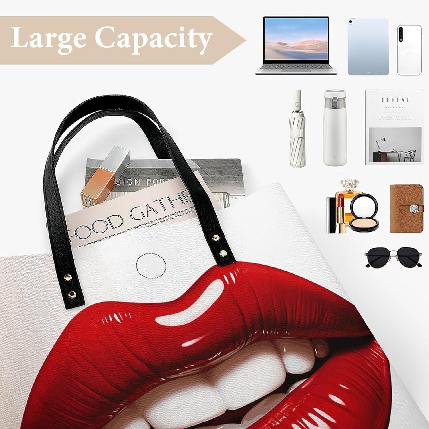 Cute Graphic Red Lips Handbags Large Capacity, Tote Bag Stylish Slouchy, Shoulder Bags for Work Beach Travel And Shopping Grocery.