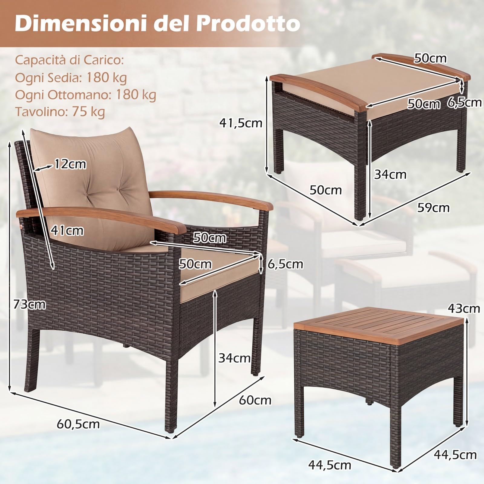 COSTWAY Set Salotto da Giardino in Rattan da 5 Pezzi con 2 Ottomane Marrone