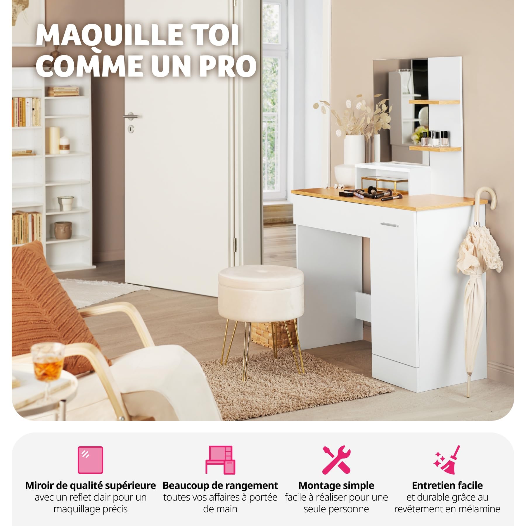 tectake® Coiffeuse avec Miroir Table de Maquillage Vanity Desk Moderne avec 3 étagères 1 tiroir, 1 Compartiment à Porte Rangement Maquillage Meuble Coiffeuse Adulte Femme Blanc/Hêtre