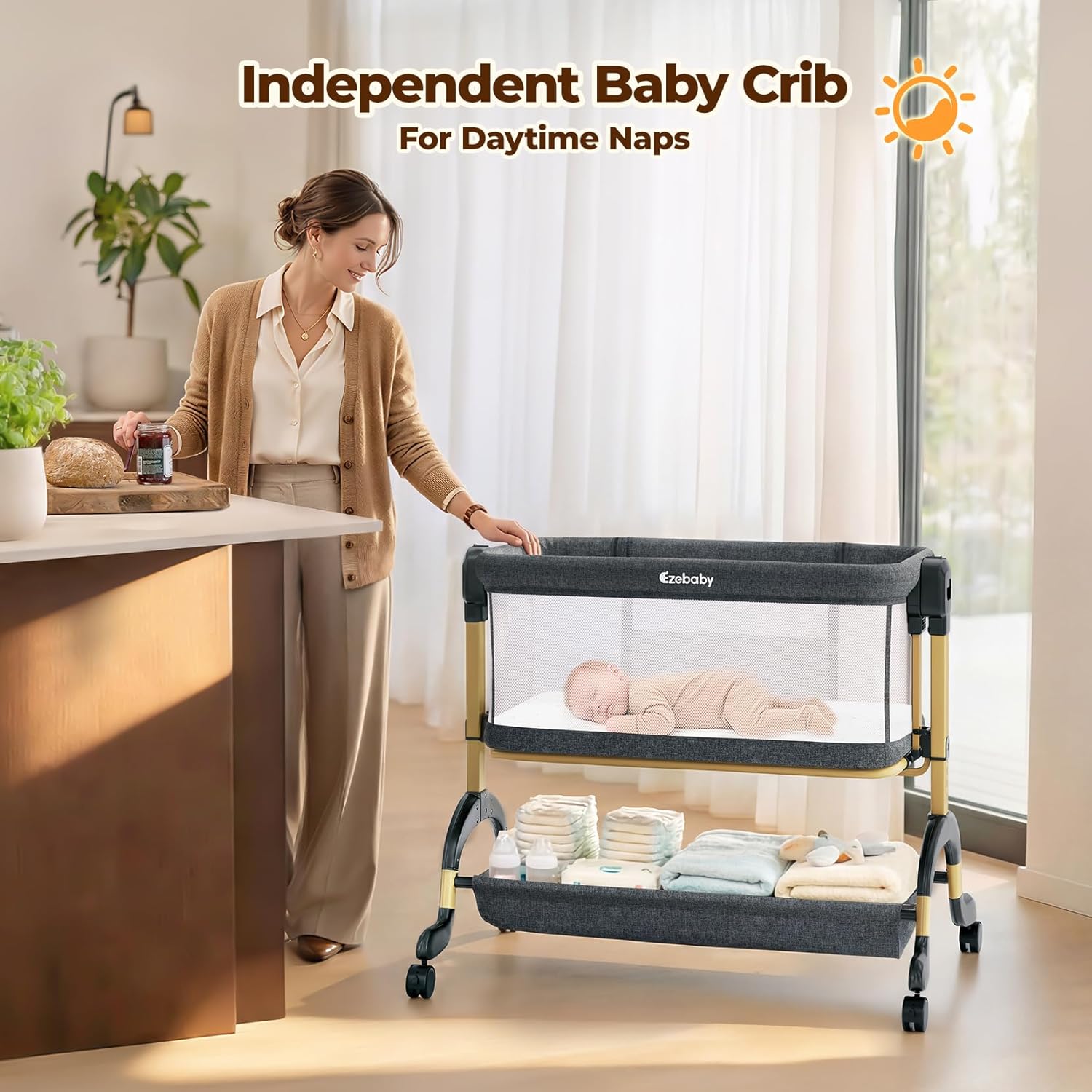 Ezebaby 3 in 1 Baby Bassinet Bedside Sleeper, Rocking Bassinet for Baby with Comfy Mattress & Breathable Full Mesh Sides, 7 Height Adjustable | Portable Crib for Newborns with Lockable Wheels