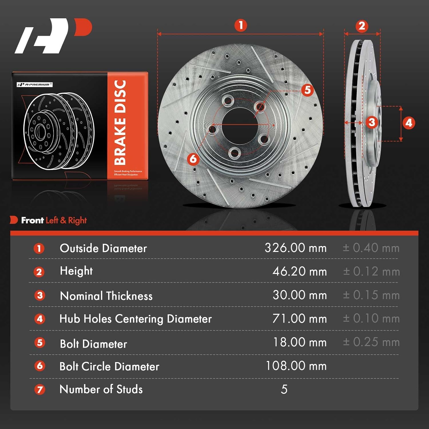 A-Premium 12.83 inch (326mm) Front Drilled and Slotted Disc Brake Rotors Compatible with Select Jaguar Models - XF 2009-2015, XJ8 2006-2009, XK 2007-2009, S-Type 2006-2008, Vanden Plas, 2-PC Set