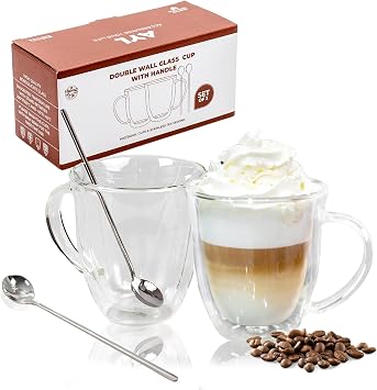AYL Double Wall Coffee Mugs with Handle 9oz - Insulated Glass Cups for Tea, Coffee, Cappuccino, Espresso & Latte - Elegant & Clear Beverage Glasses
