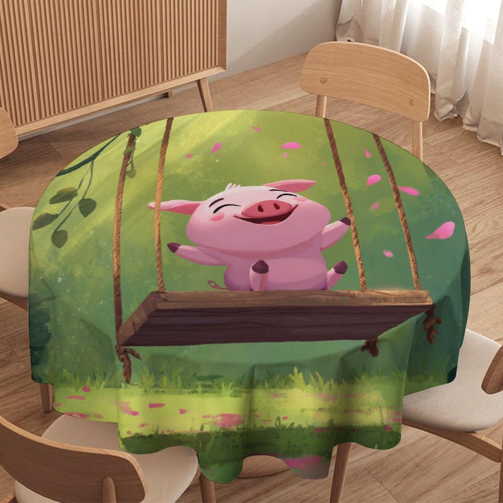 LUYYSKY Pink Cute Anime Pig Waterproof Round Tablecloth Funny Oil Painting Spring Forest Animals Pig Print Washable Table Cover for Kitchen-127 Wx127 L cm
