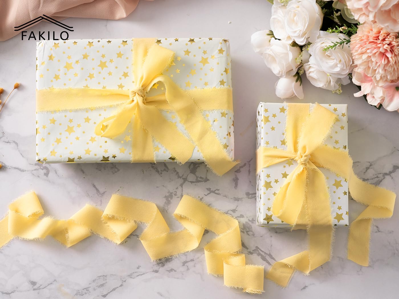 FAKILO Chiffon Ribbon with Frayed Edge, Yellow Silk Chiffon Ribbon 4 Rolls 1'' X 5 Yd for Wedding Invitations Bridal Bouquets - Image 4