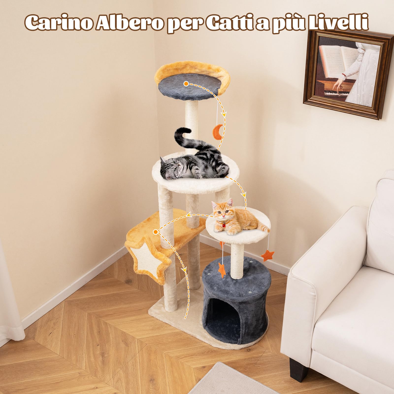 COSTWAY Tiragraffi per Gatti 128cm, Albero per Gatti da Interno, Torre Multi-Livello con Tiragraffi in Sisal, Gattiera, Piattaforma Superiore in Peluche e Giocattoli Appesi