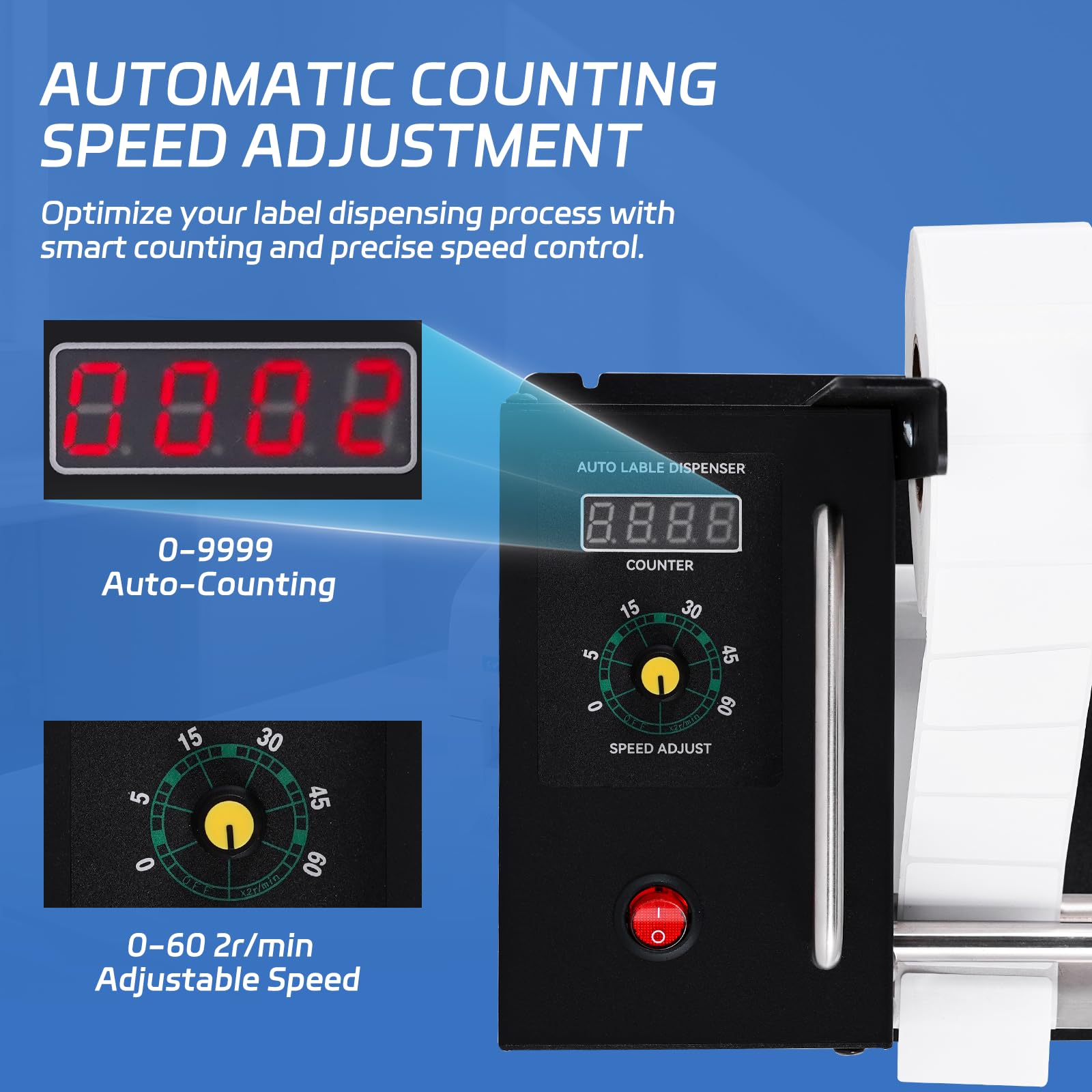 YUCHENGTECH Distributeur D'étiquettes Automatique 5 Vitesses 0-9999 | avec Comptage Automatique de 0 à 9999 et 5 Vitesses Réglables Largeur 5-120mm pour Étiquettes Autocollantes/PET/PVC