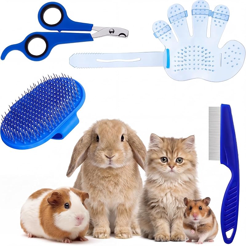 Kit de Higiene e Tosa Patelai para Coelhos com Escova, Pente e Cortador de Unhas Azul, 4 Peças