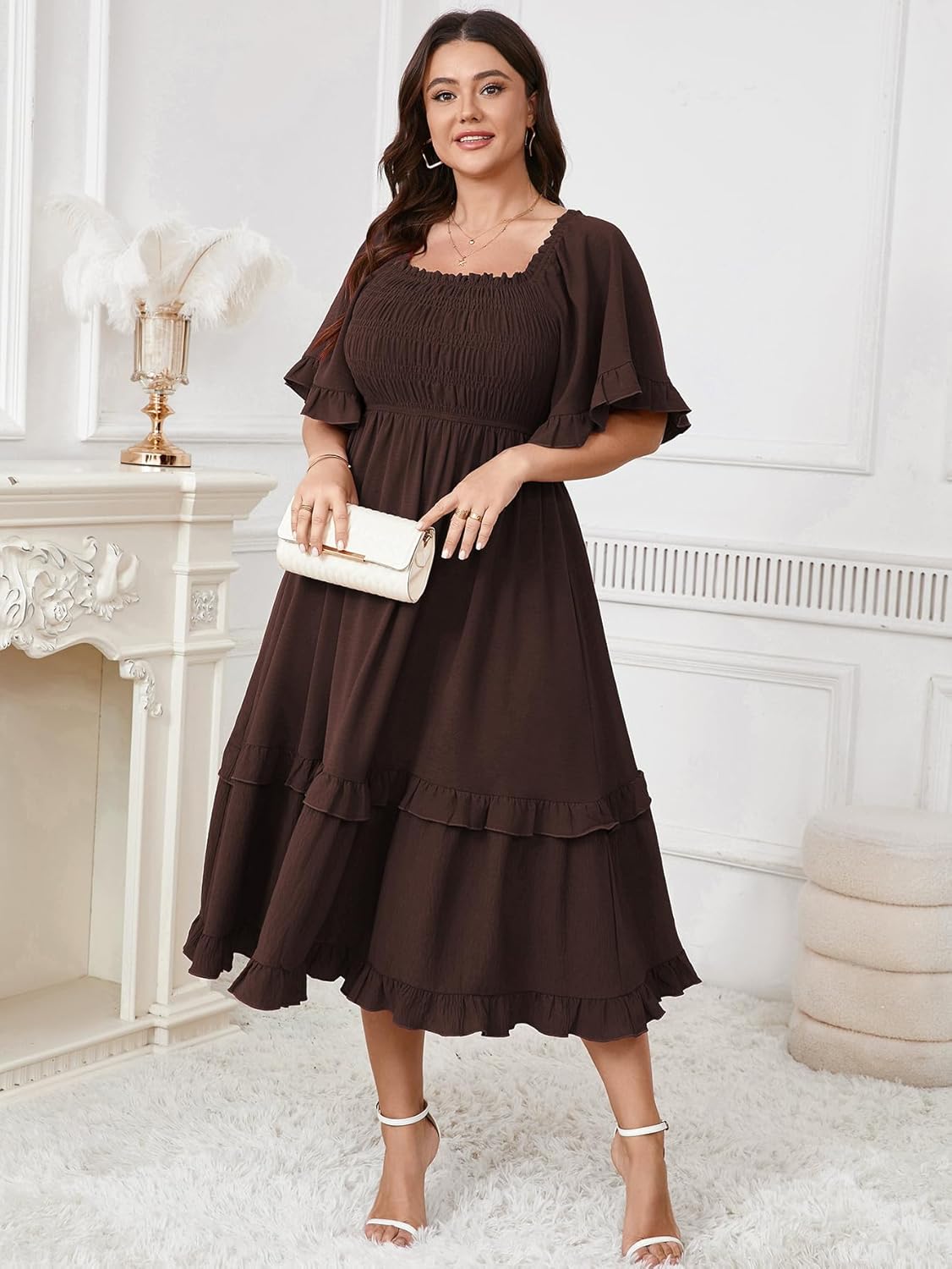 SCOMCHIC Women's Plus Size Maxi Dresses Summer Short Sleeve Square Neck Smocked Wedding Guest Cocktail Boho Long Dress - Image 5