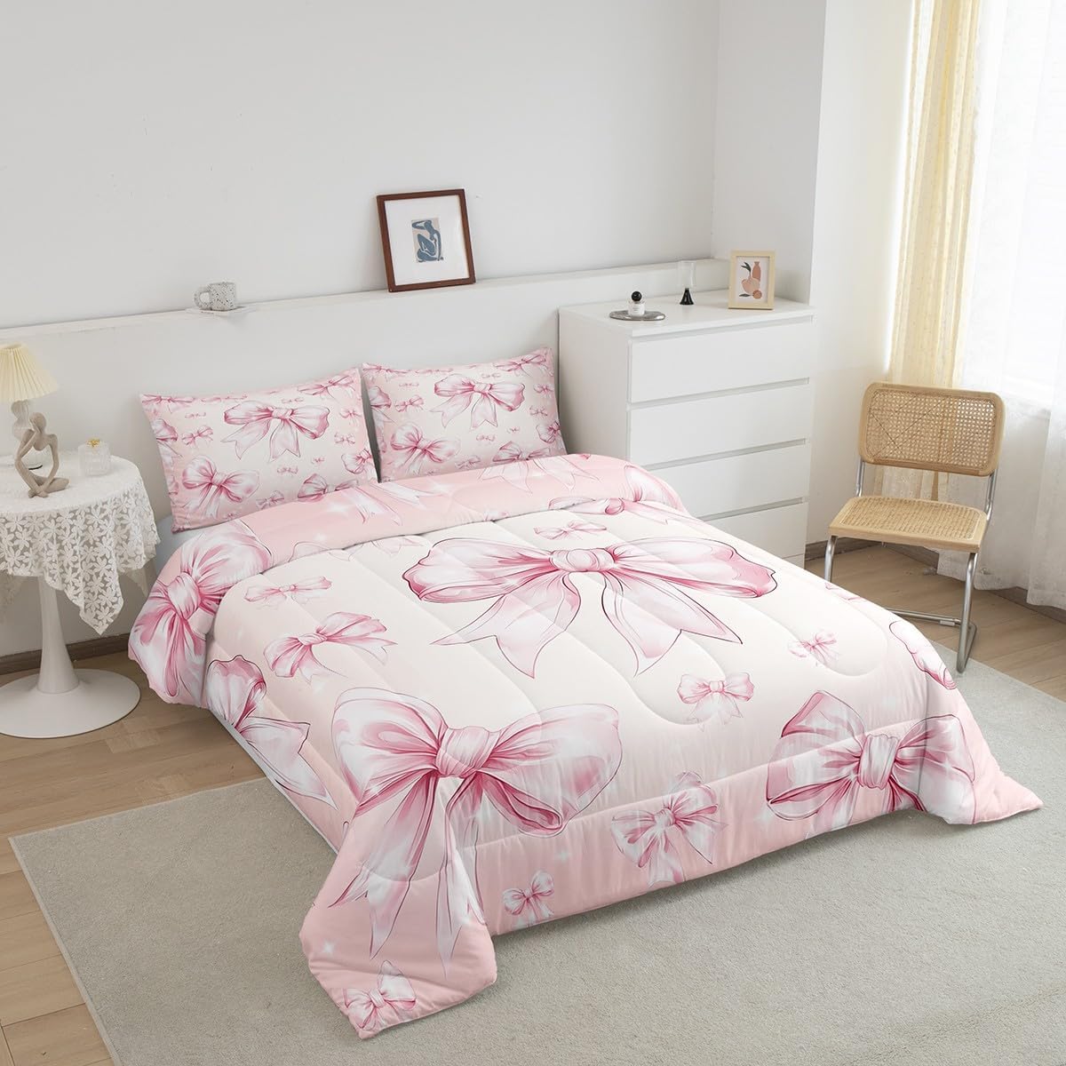 Erosebridal Pink Bow Girls Twin Bedding Set Kawaii Bowknot Comforter Set for Kids Teen Women Bedroom Decor,Glitter Bow Bedding Comforter Sets Dreamy Princess Bowknot Quilt Duvet 1 Pillow Case