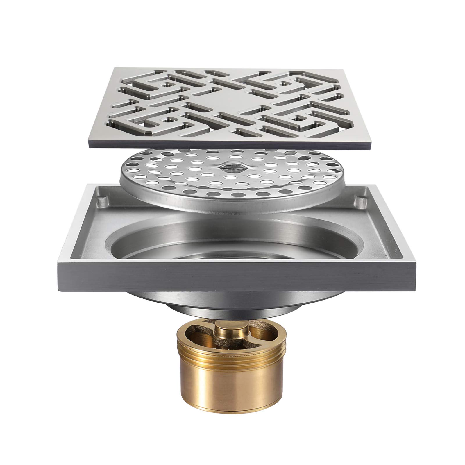 floor drain， Brass Deodorizer Floor Drain - 4 Inch Square with Removable Cover Grate for Bathroom, Chrome Finish
