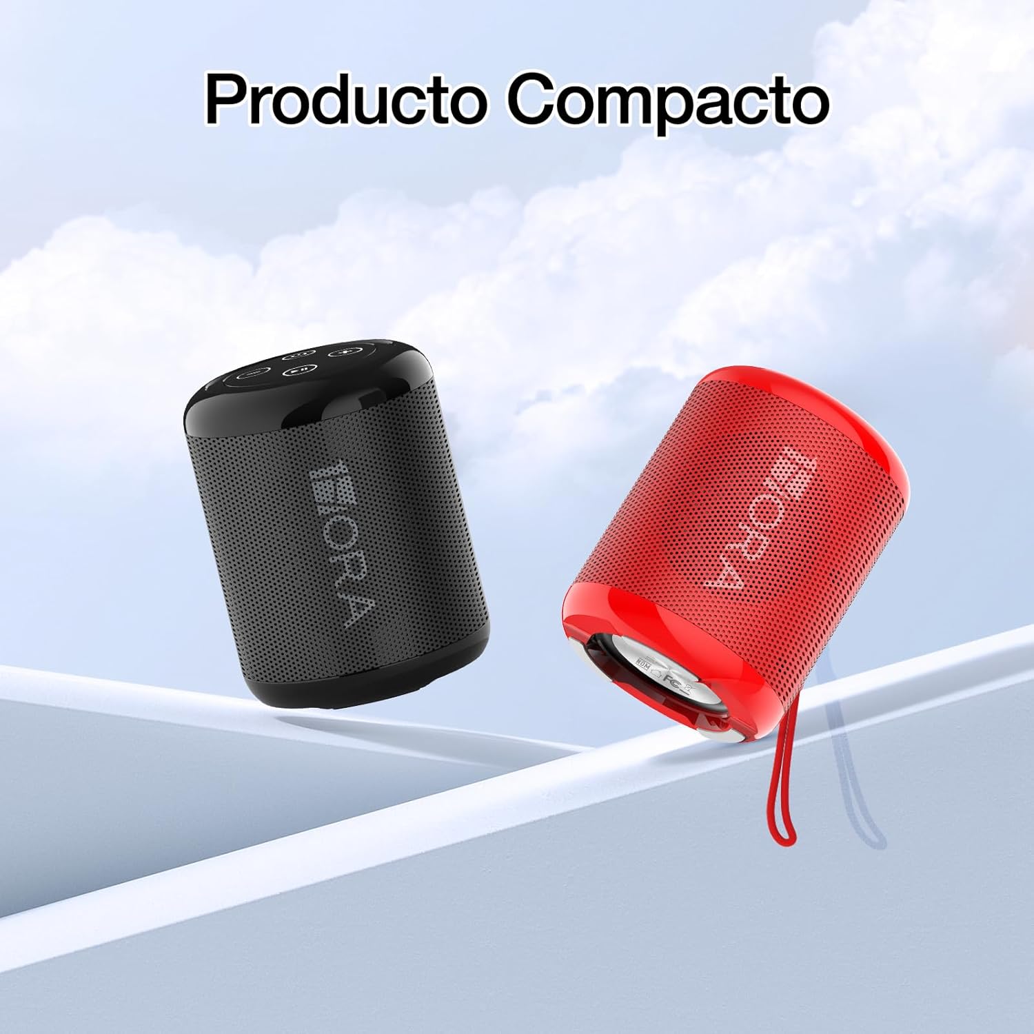 Two 1 Hora Portable Bluetooth Speakers, one black and one red, showcasing compact design