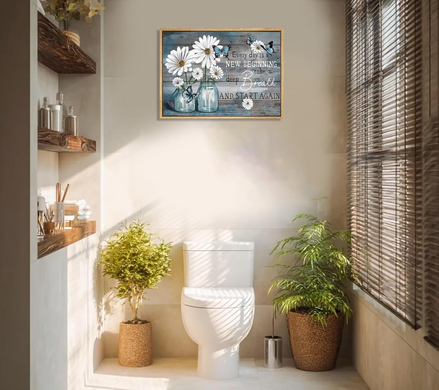 Wood Framed Daisy Wall Art Butterfly Wall Decor Inspirational Print Artwork Flower Picture Painting Still Life Suitable for Country Farmhouse Bedroom Bathroom Rustic Decoration 12x16in