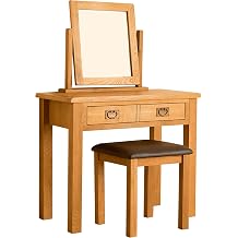RoselandFurniture Lanner Oak Dressing Table Set with Swivel Mirror & Stool | Large Traditional Rustic Waxed Solid Wood Makeup Vanity Desk with Cosmetics Drawer for Ladies & Girls Bedroom