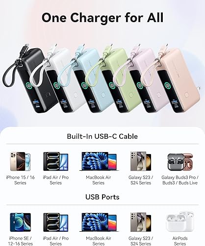Miniatura 3 de INIU Cargador portátil 3 en 1, pequeño banco de energía de carga rápida de 10000 mAh 30 W con cable USB C integrado y enchufe de CA plegable,