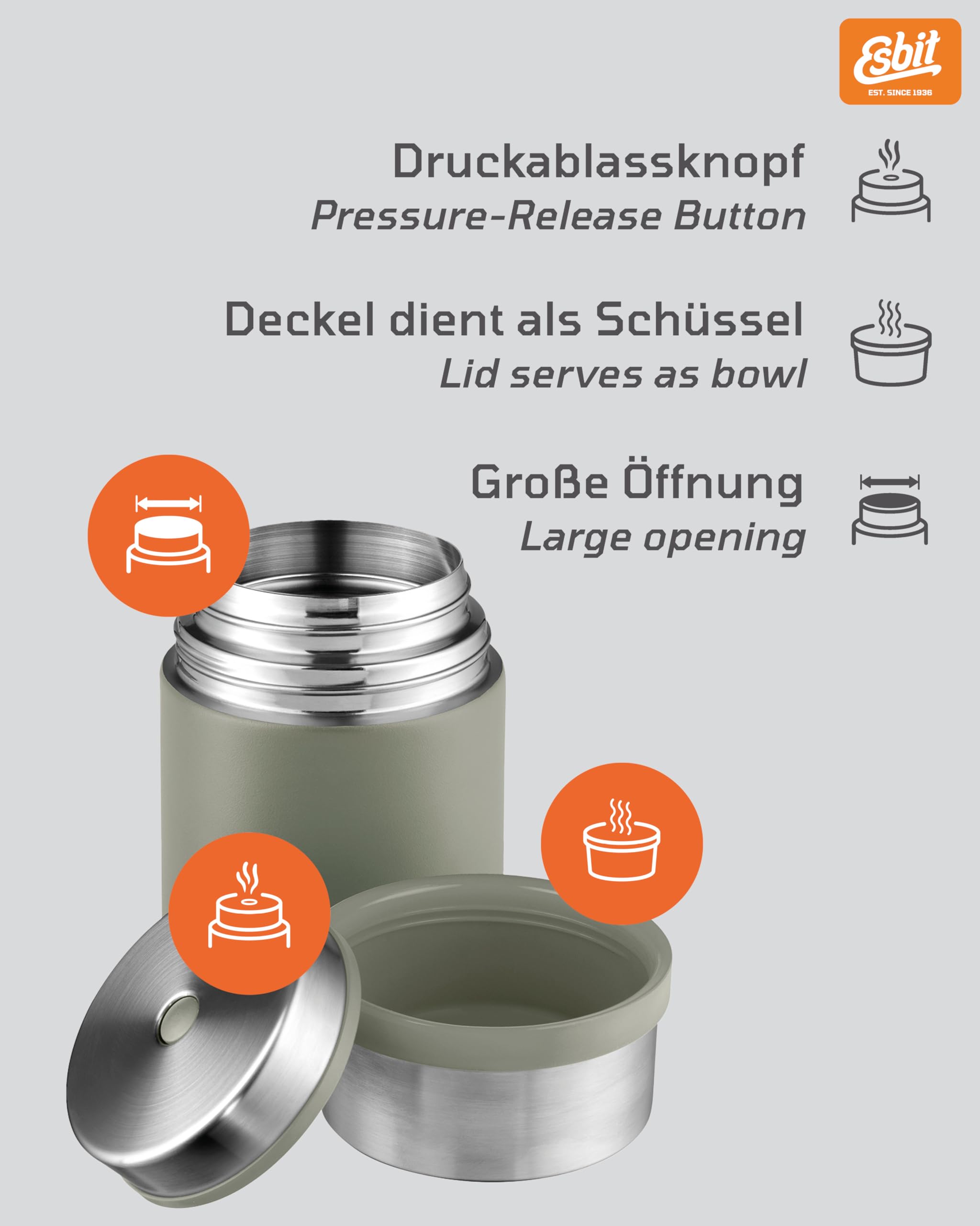 Esbit Thermobehälter Sculptor für Essen - Warmhaltebehälter 750 ml in Stone Grey - aus Edelstahl für warme und kalte Speisen