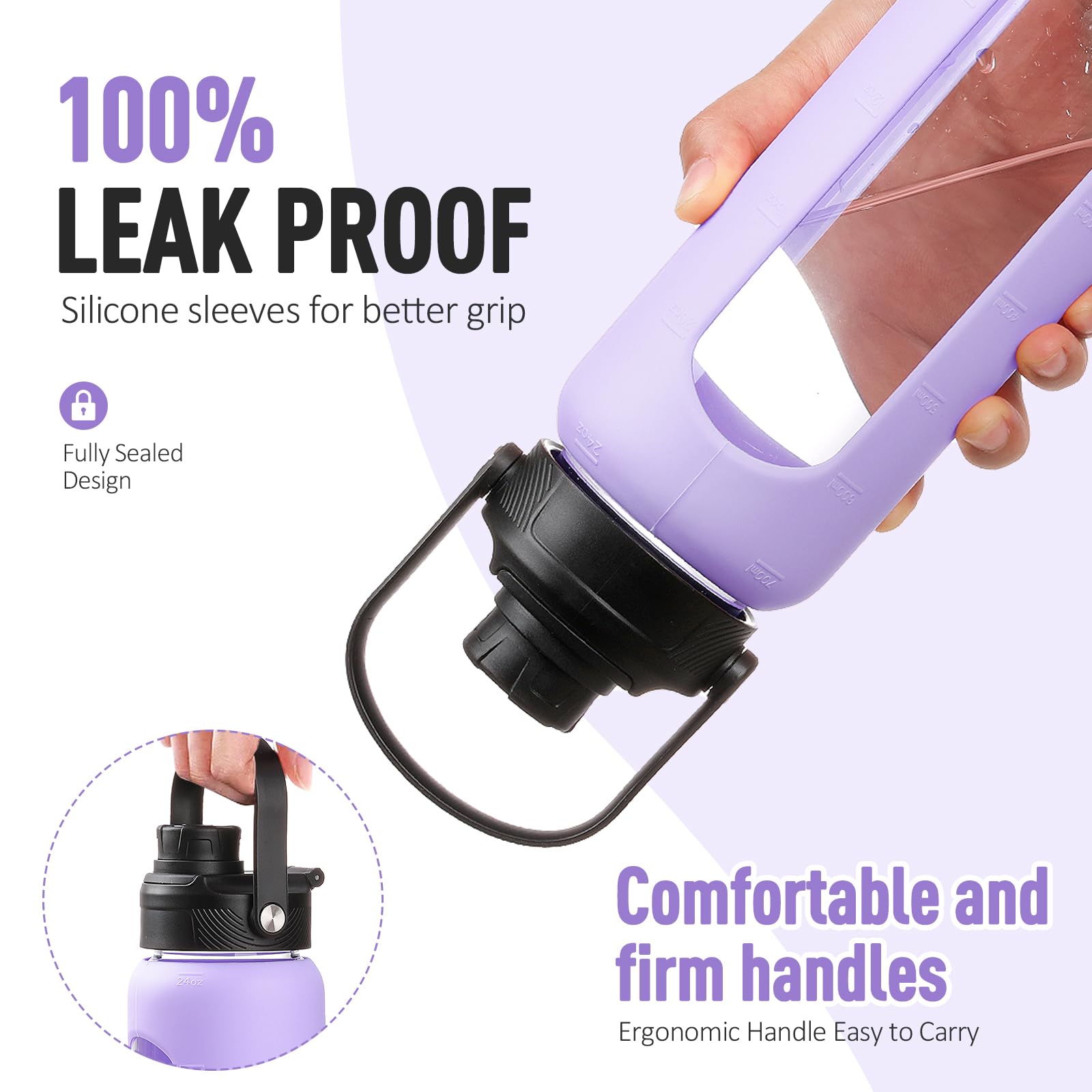 BLUEGO Borraccia Vetro 700ml con 2 Coperchi e Cannuccia, Sportiva Bottiglia d'Acqua con Custodia in Silicone e Indicatori di Tempo, Senza BPA, Viola