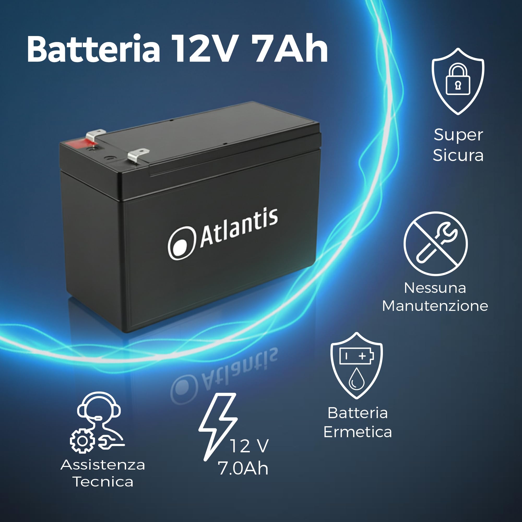 Atlantis batteria piombo ermetica VRLA 12v 7ah attacco faston F2 6,3mm per UPS