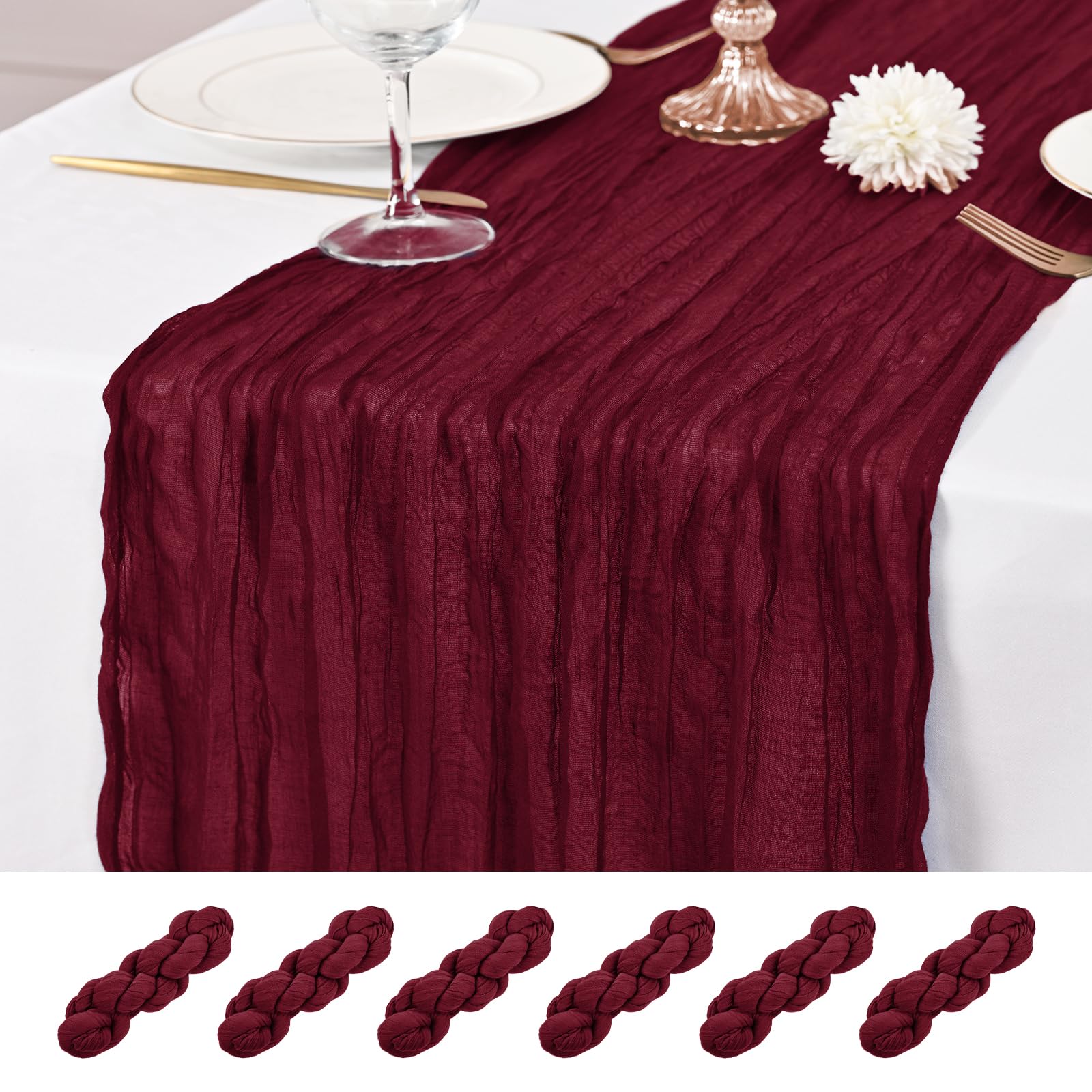 6 Pcs Burgundy Table Runner 10Ft Cheesecloth Table Runner 21x120 inch Rustic Gauze Table Runners Romantic Long Sheer Fabric Cheese Cloth Table Runners for Wedding Party Bridal Baby Shower