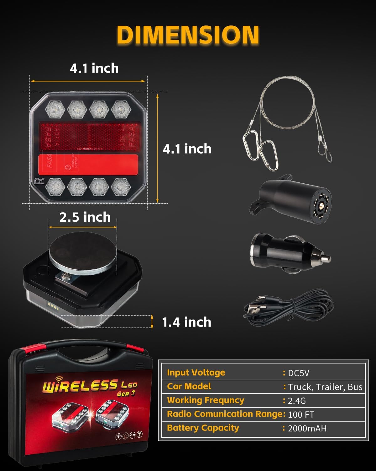 [Upgraded Magnetic Wireless Trailer Lights, Rechargeable Type-C LED Trailer Lights with 5 Modes,100 FT Signal Sync Tail Tow Light Kit for Towing Trucks Boat RV Camper Caravan