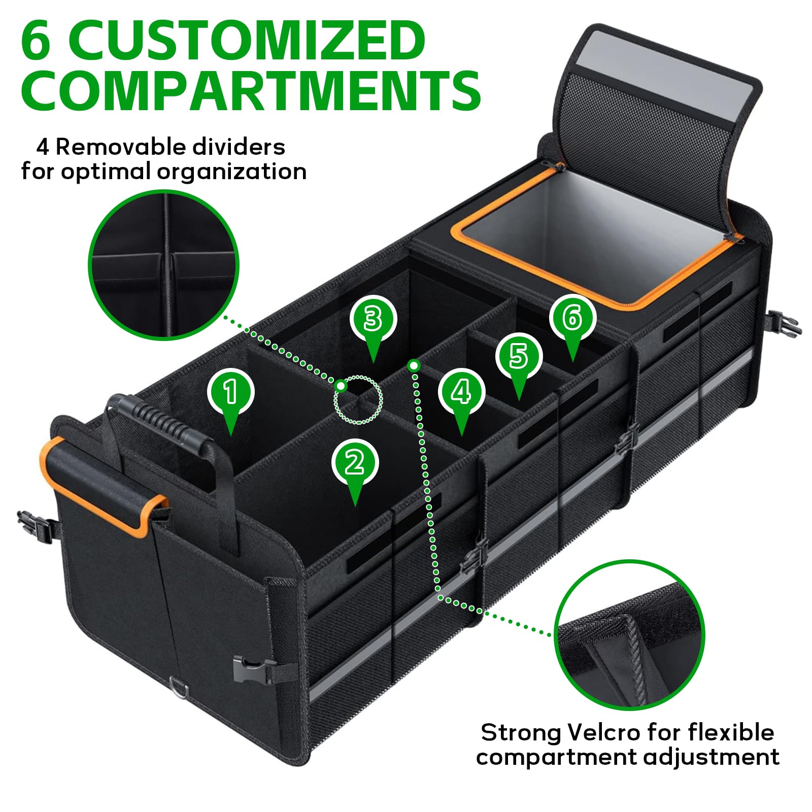 LIROPAU Organizador plegable para maletero de coche, con bolsa térmica aislada a prueba de fugas, múltiples compartimentos con separadores extraíbles, tapa plegable, organizador de maletero con gran
