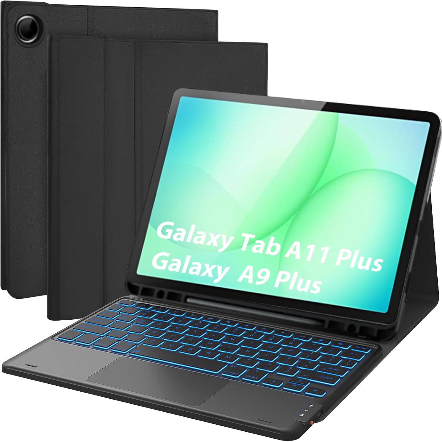 Case with Keyboard for Galaxy Tab A11 Plus/ A9 Plus 11 inch (SM-X210/X216/X218) 2023, 7 Color Backlit, Smart Touchpad, Detachable Keyboard Synthetic Leather Cover with S Pen Holder, Black