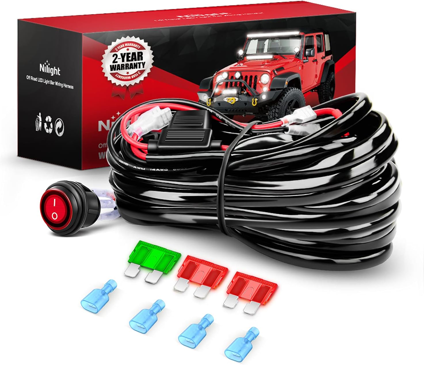 Nilight LED Light Bar Wiring Harness Kit - 2 Leads 12AWG Heavy Duty 12V On Off Switch Power Relay Blade Fuse for Off Road LED Work Light
