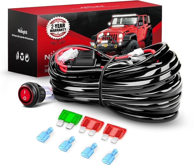Kit chicote elétrico para barra de LED Nilight 12 AWG 12 V com 2 saídas, relé, fusível e interruptor – 1 conjunto