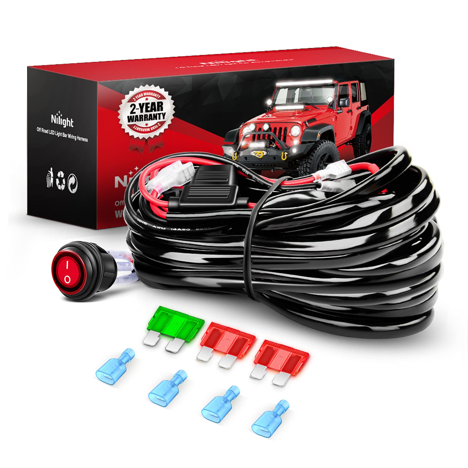 Nilight 12AWG 2-Lead LED Light Bar Wiring Harness Kit