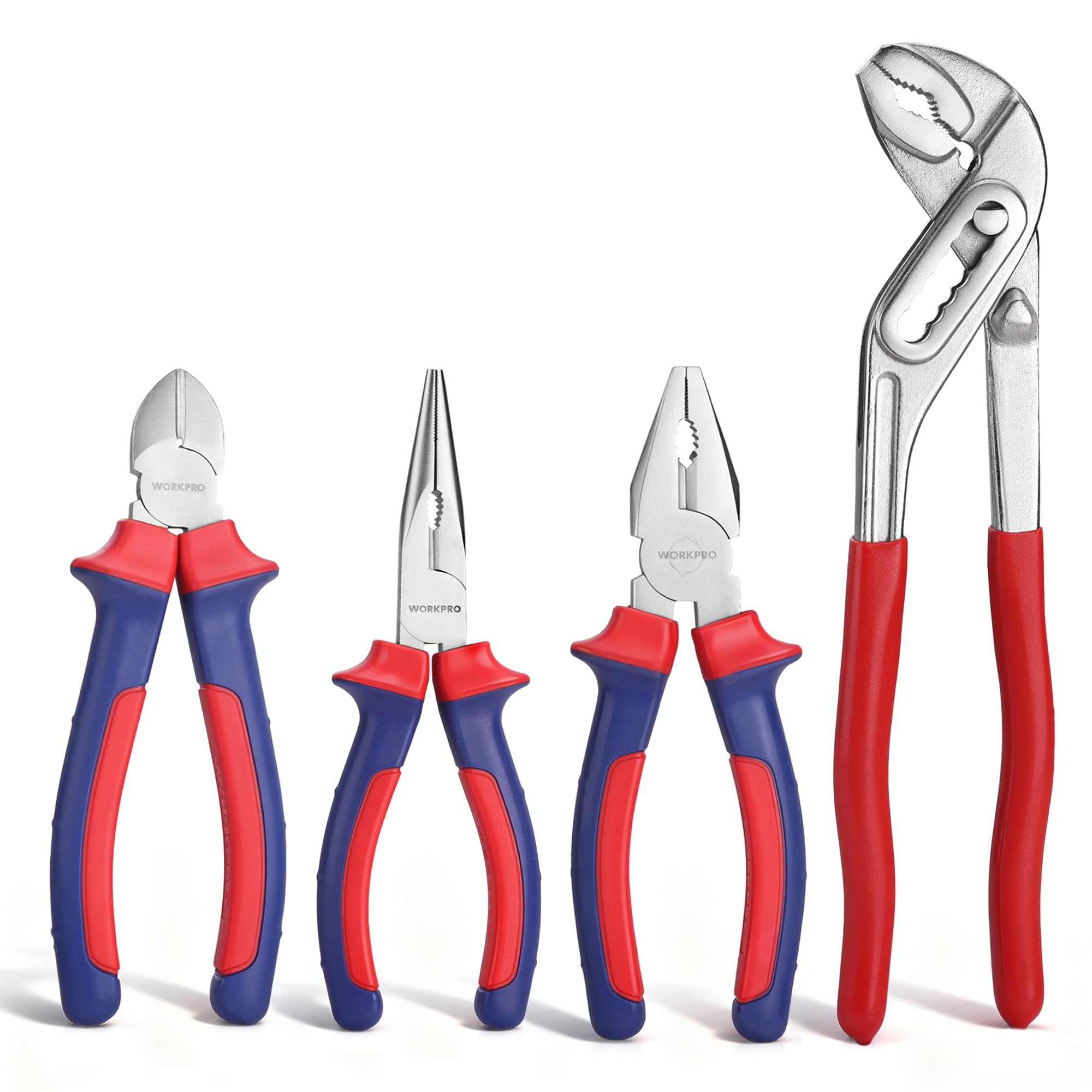 WORKPRO Pliers Set, 4 Pieces Carbon Steel Pliers, Cutting Pliers, Diagonal Cutting Pliers, Needle Nose Pliers, Extendable Pliers