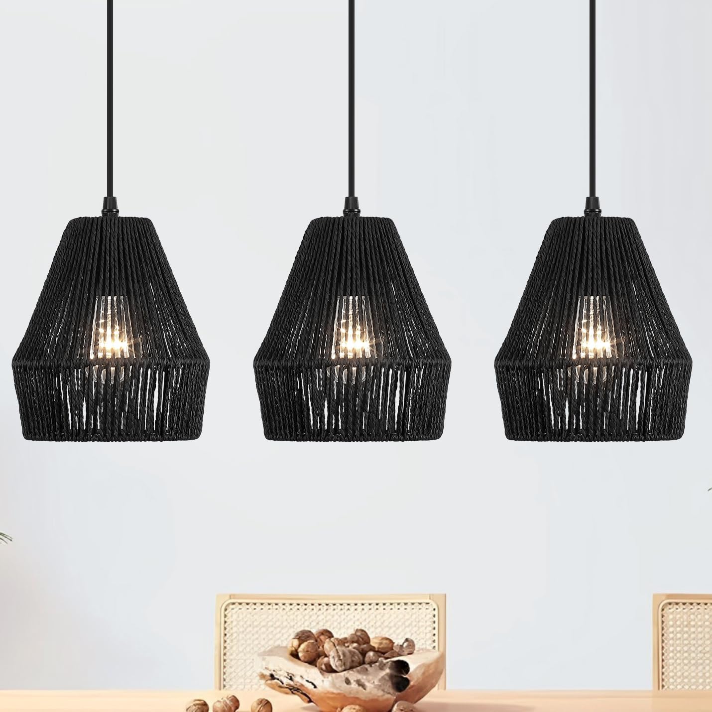 3 Pack Black Rattan Wowen Pendant Light Kitchen Island, 7'' Boho Coastal Pendant Light Fixture Ceiling Hanging Chandelier for Kitchen Island Dining Room Bar Foyer Hallway