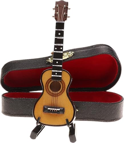 Miniatura 4 de Dselvgvu Ukelele miniatura de madera con soporte y estuche, mini réplica de ukelele, mini instrumento musical, modelo coleccionable de casa de