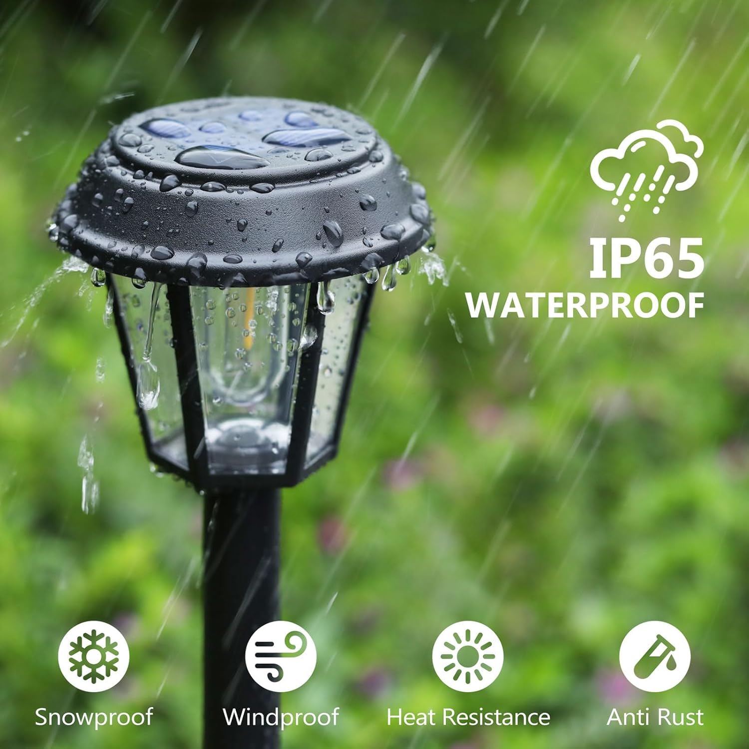 Close-up of a solar pathway light with water droplets, illustrating its IP65 waterproof rating and resistance to snow, wind, heat, and rust.
