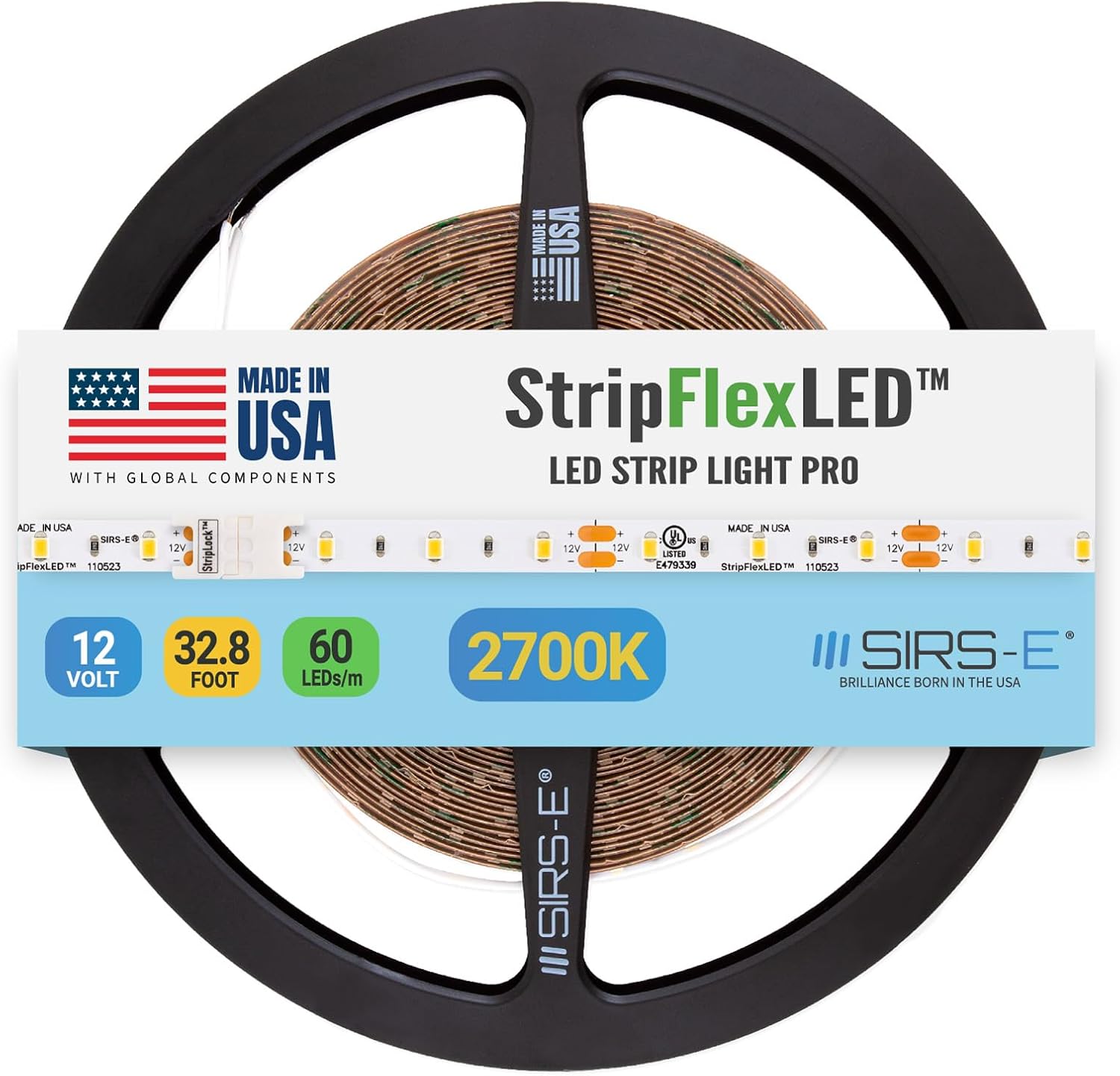 SIRS-E StripFlexLED White LED Strip Lights, 12V 60 LEDs/m 2700K Warm White, 32.8 ft. (10m), UL Listed, Made in USA, Professional Grade Flexible Tape for Versatile Lighting
