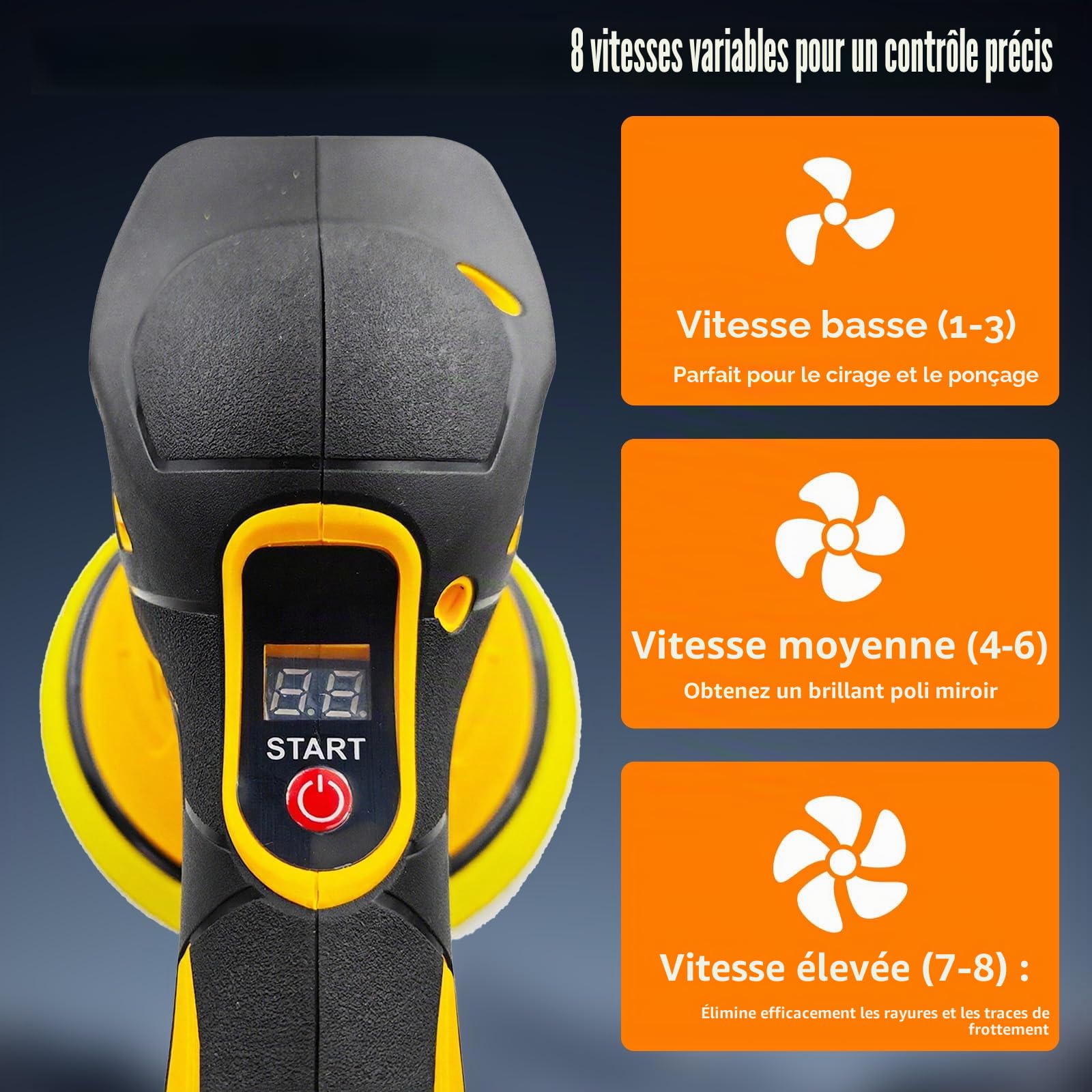 Polisseuse sans fil pour voiture compatible avec Dewalt 20 V – 150 mm avec 8 vitesses variables (0-4500 tr/m), 12 pièces pour le détail/polissage/cire de voiture (sans batterie)