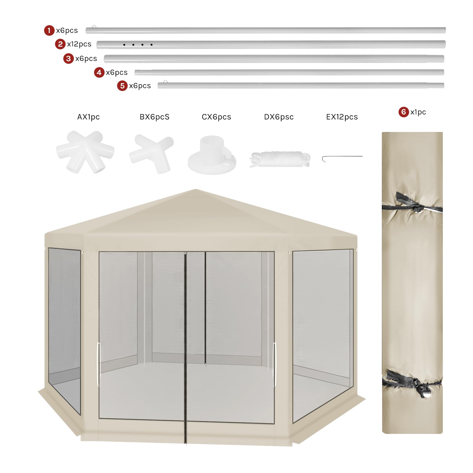 WOLTU Tonnelle de Jardin Extérieur, avec Moustiquaire, Pergola Jardin Extérieur, Tente de Réception, avec Parois Latérales en Maille, Barnum 3,8 x 3,3 m, Hexagone (Beige)